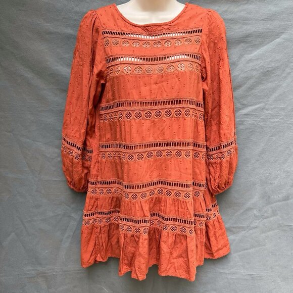 Anthropologie Burnt Orange Lace Swiss Dot Tiered Puff-Sleeve Mini Dress Sz XSP - Picture 1 of 7